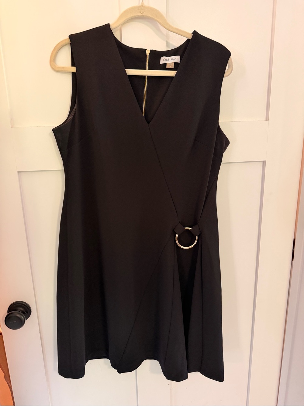 Calvin Klein Black Sleeveless Faux-Wrap Dress with Ring Detail